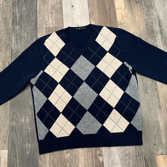 J.Crew Sweater Mens Large Knit LambsWool V-Neck Navy Cream Argyle Vintage - Picture 5 of 8